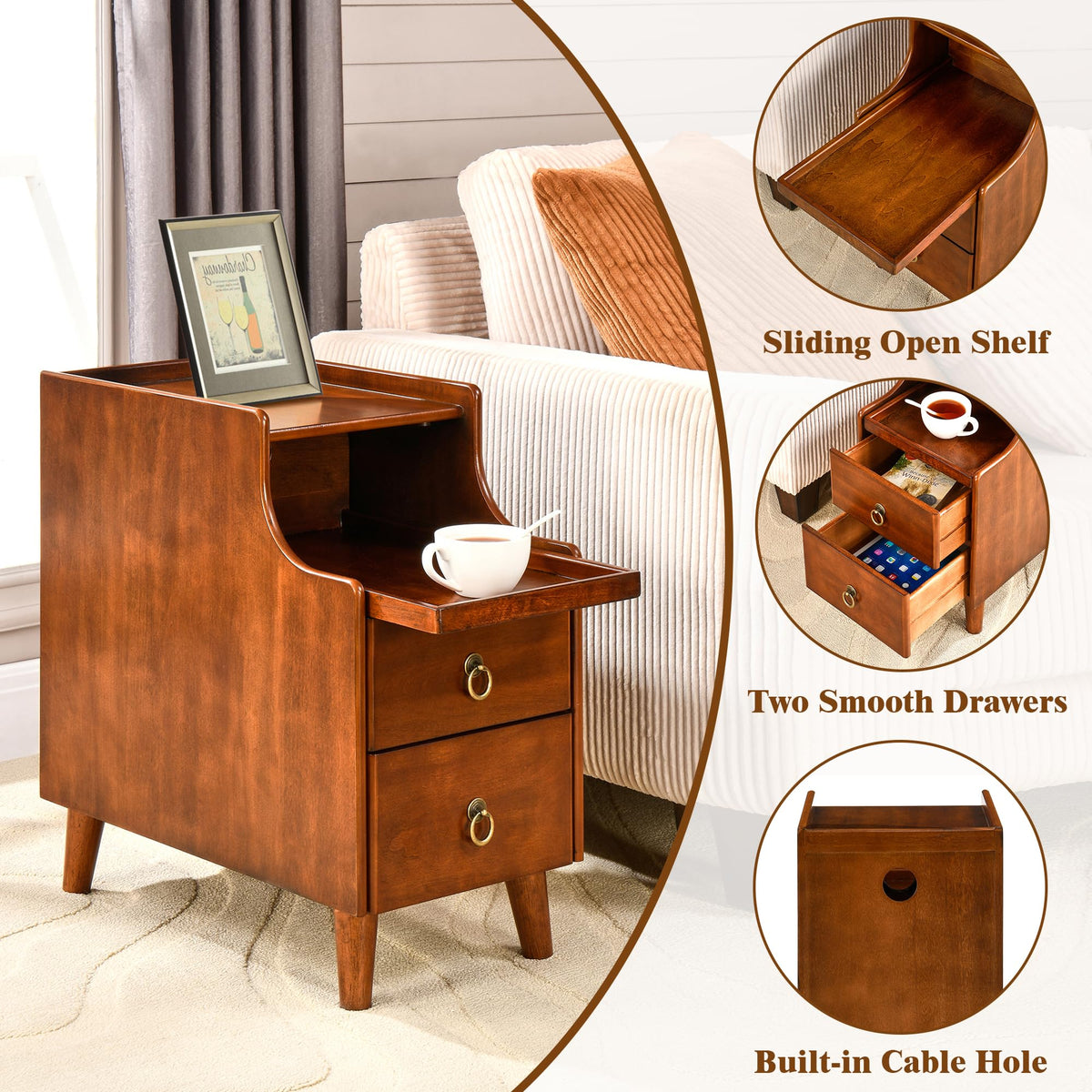 Solid Wood Narrow Nightstand with 2 Drawers I8471