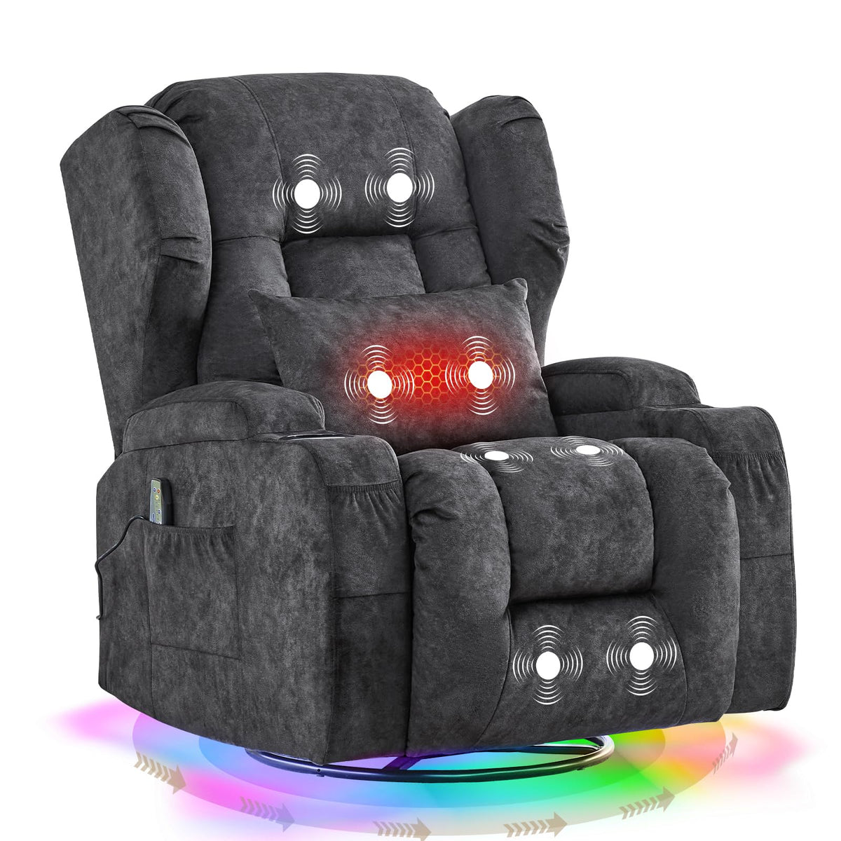 Velvet Gray Swivel Rocker Recliner with Massage and Heat F2667