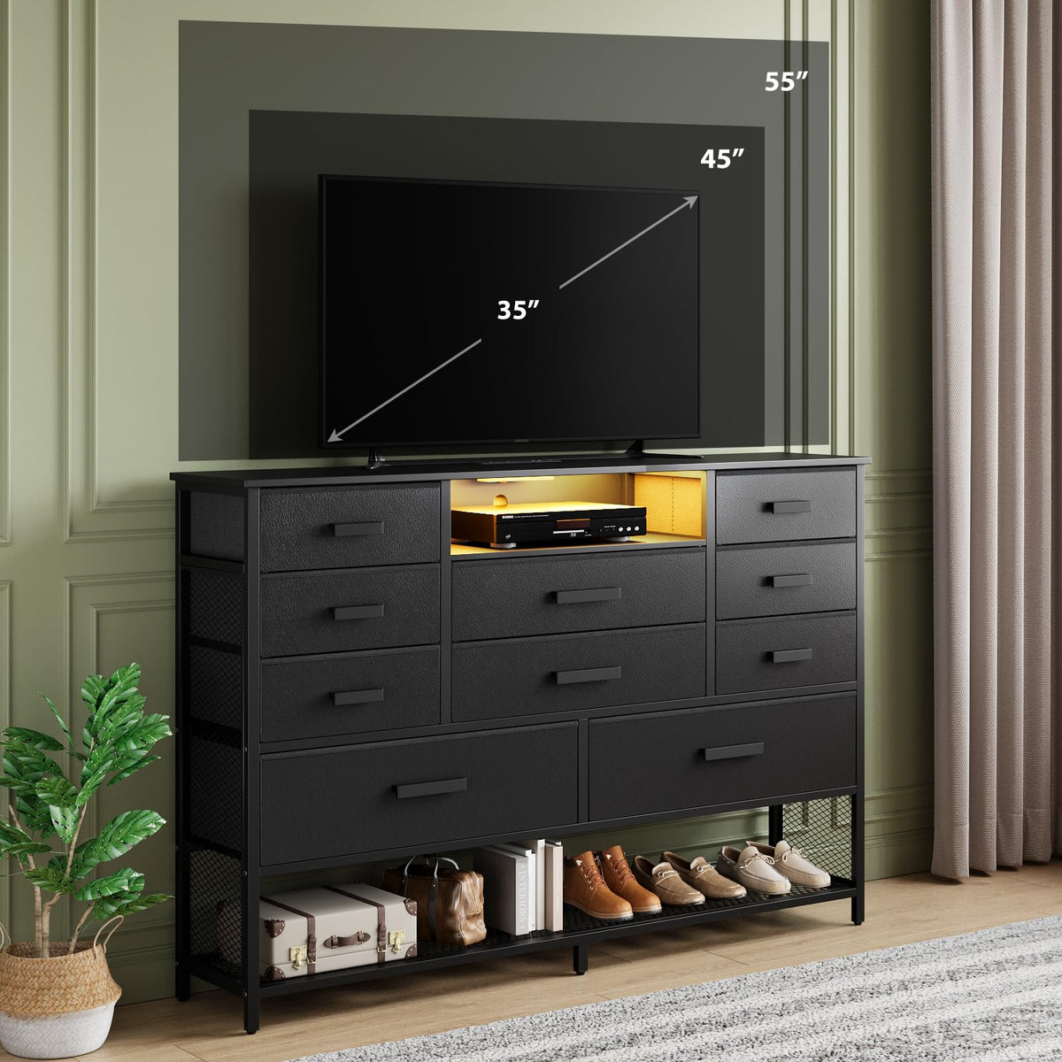 Black 10 Drawer Dresser with Charging Station and LED Light B92693