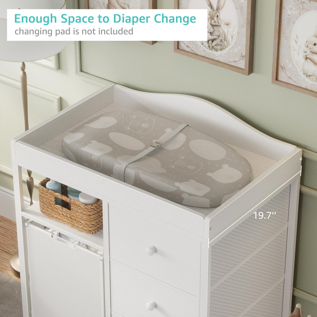 White Changing Table with 3 Fabric Drawers and Laundry Hamper Q681419
