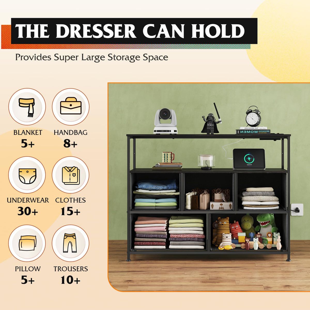 Black 5 Drawer Fabric Dresser V696