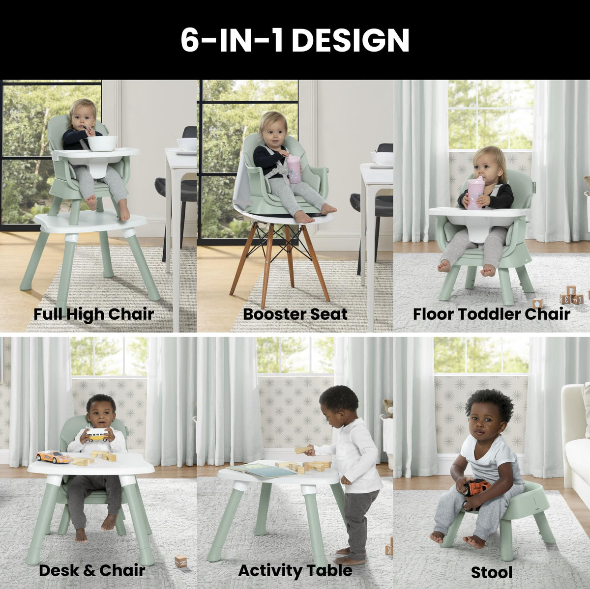 6-in-1 High Chair Converts to Stool Booster Seat Toddler Chair Activity Table and Desk and Chair Sage Green Q35311