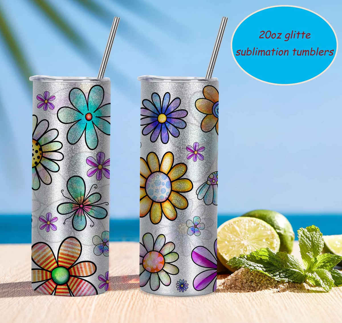 20 Oz 8 Pack Glitter Sublimation Skinny Tumblers Stainless Steel N775790