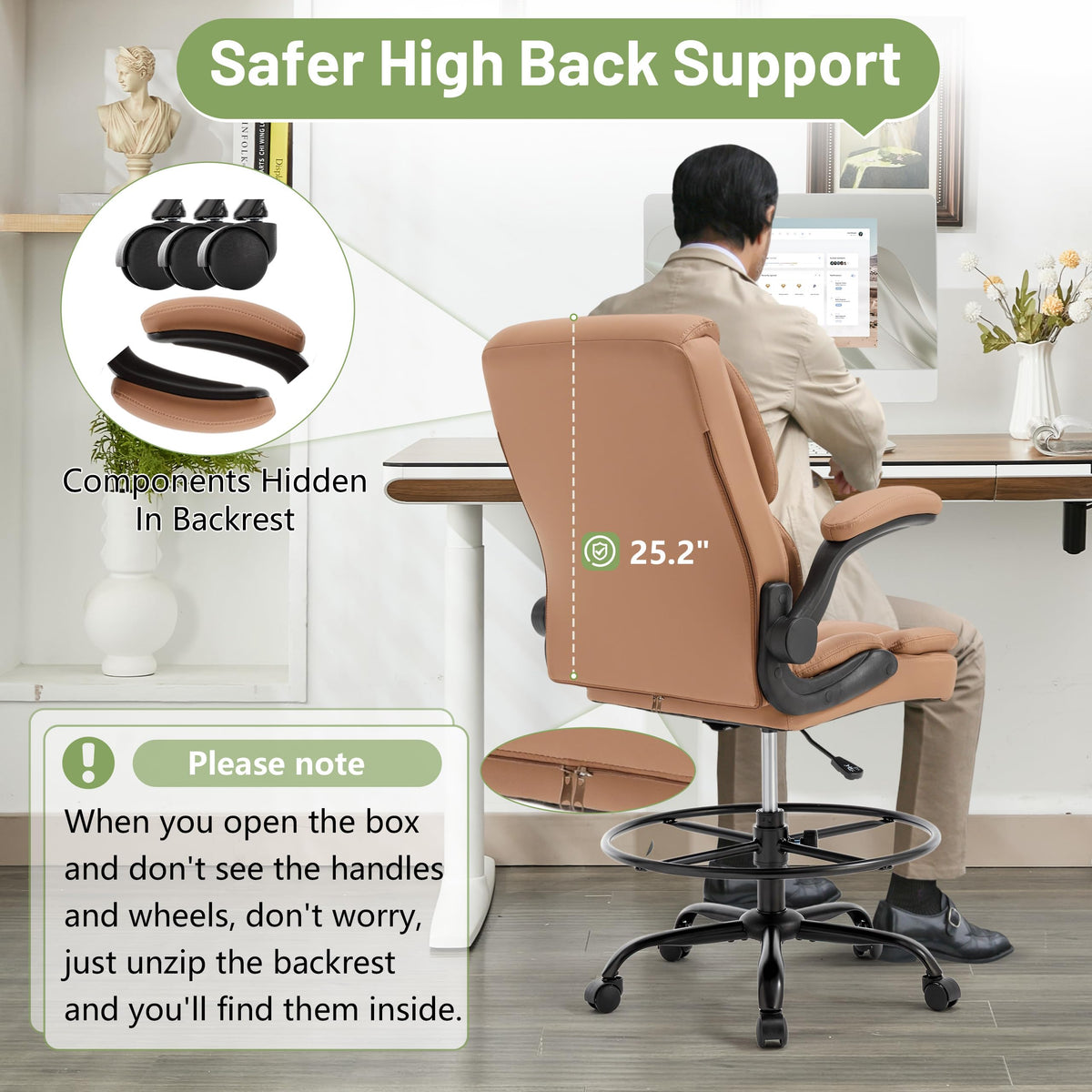 Brown High Back Upholstered Drafting Chair with Flip-up Armrests K261