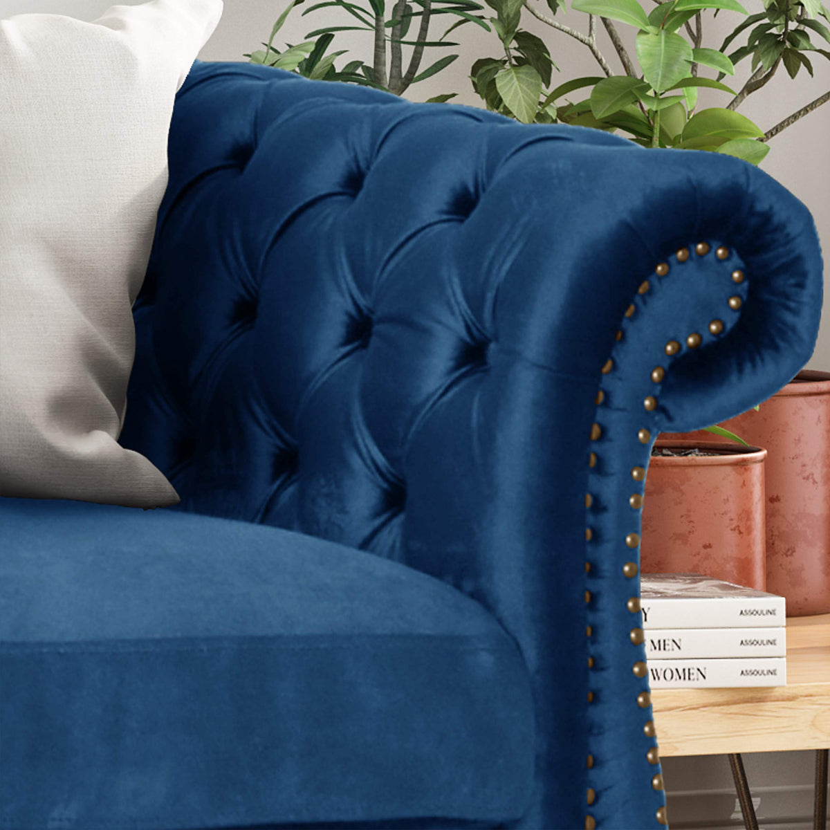 Navy Blue Velvet Sofa with Scroll Arms E8290
