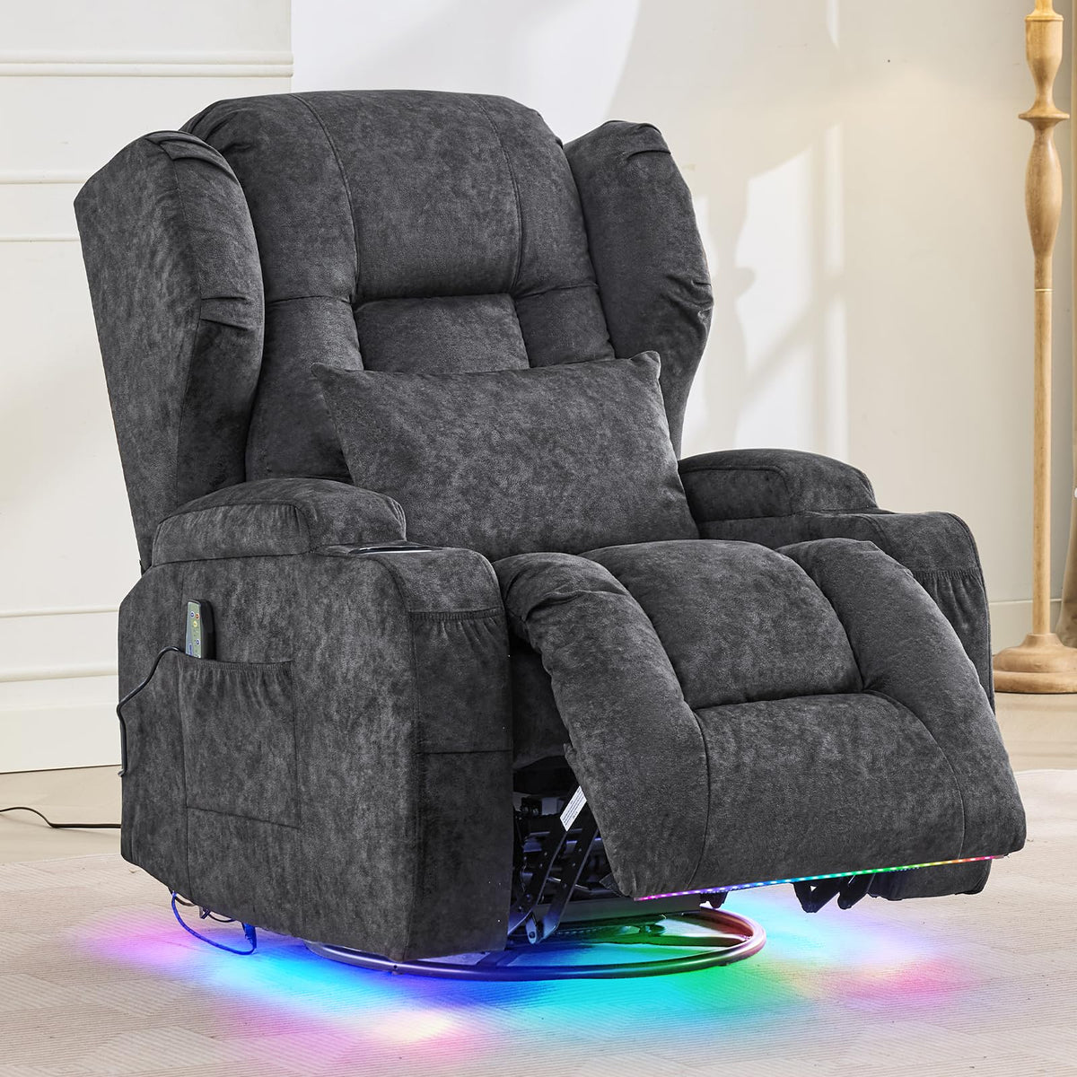 Velvet Gray Swivel Rocker Recliner with Massage and Heat F2667