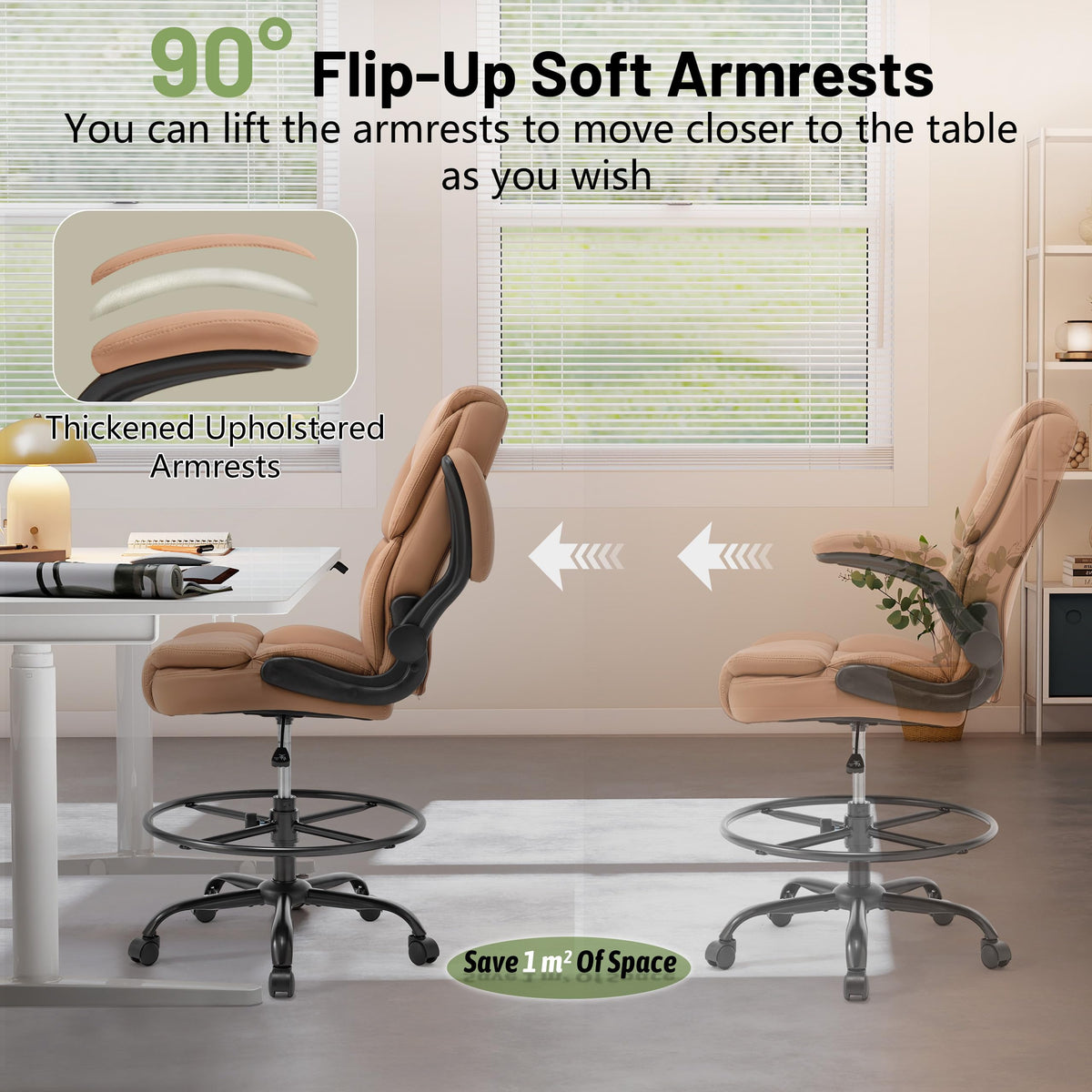 Brown High Back Upholstered Drafting Chair with Flip-up Armrests K261