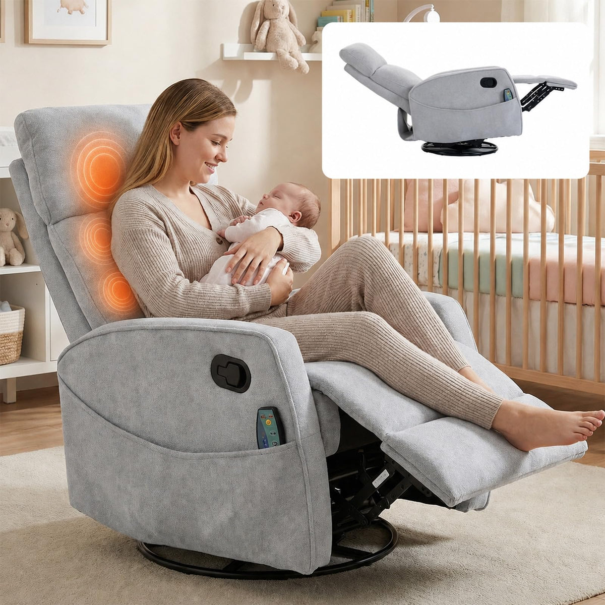 Small White Velvet Recliner Rocking Chair with Heat and Massage R3811