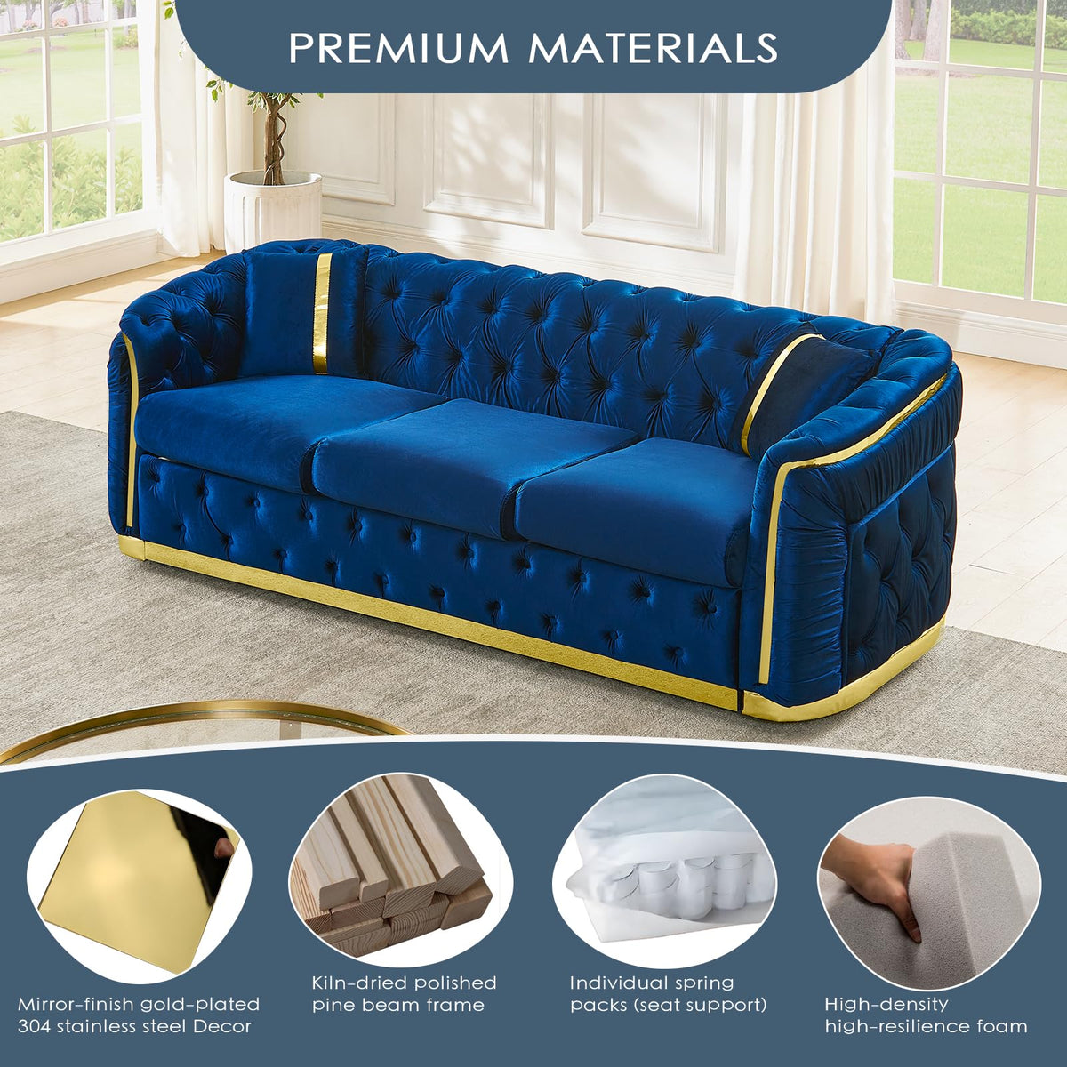 Navy Blue and Gold Velvet Sofa and Loveseat Set with 4 Pillows O69869