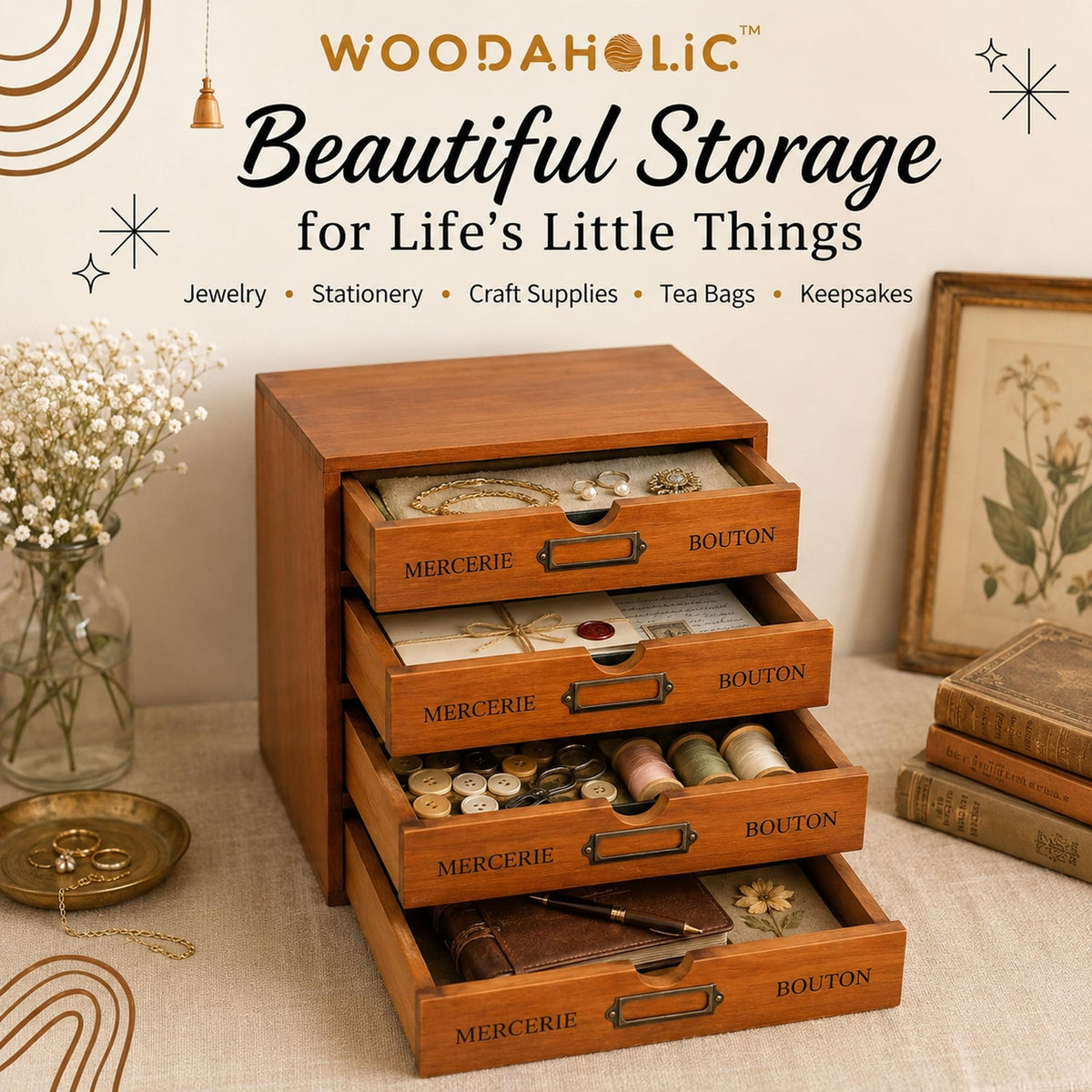 Modular Stackable 4 Drawer Wood Storage Box D35833