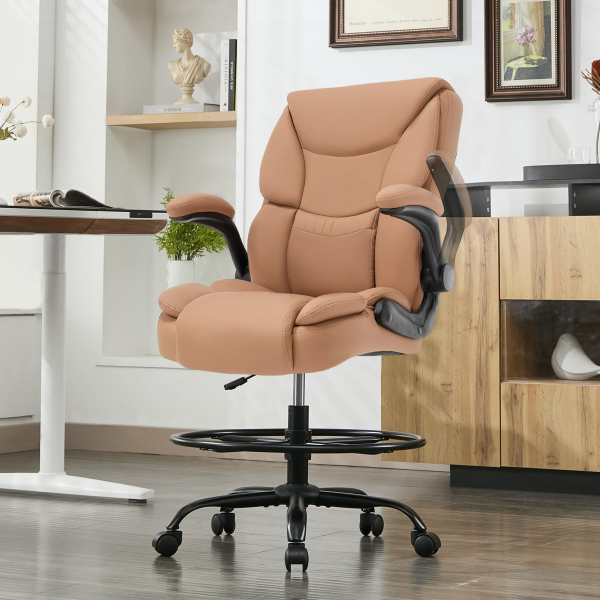 Brown High Back Upholstered Drafting Chair with Flip-up Armrests K261
