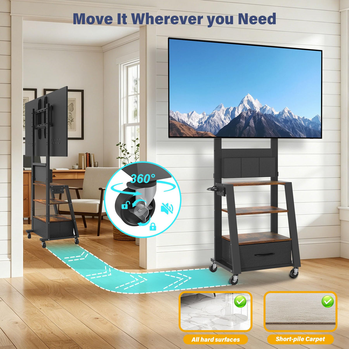 Rolling TV Stand with Power Outlet & 4-Tier Storage for 23-60 Inch Flat/Curved Screen V85031