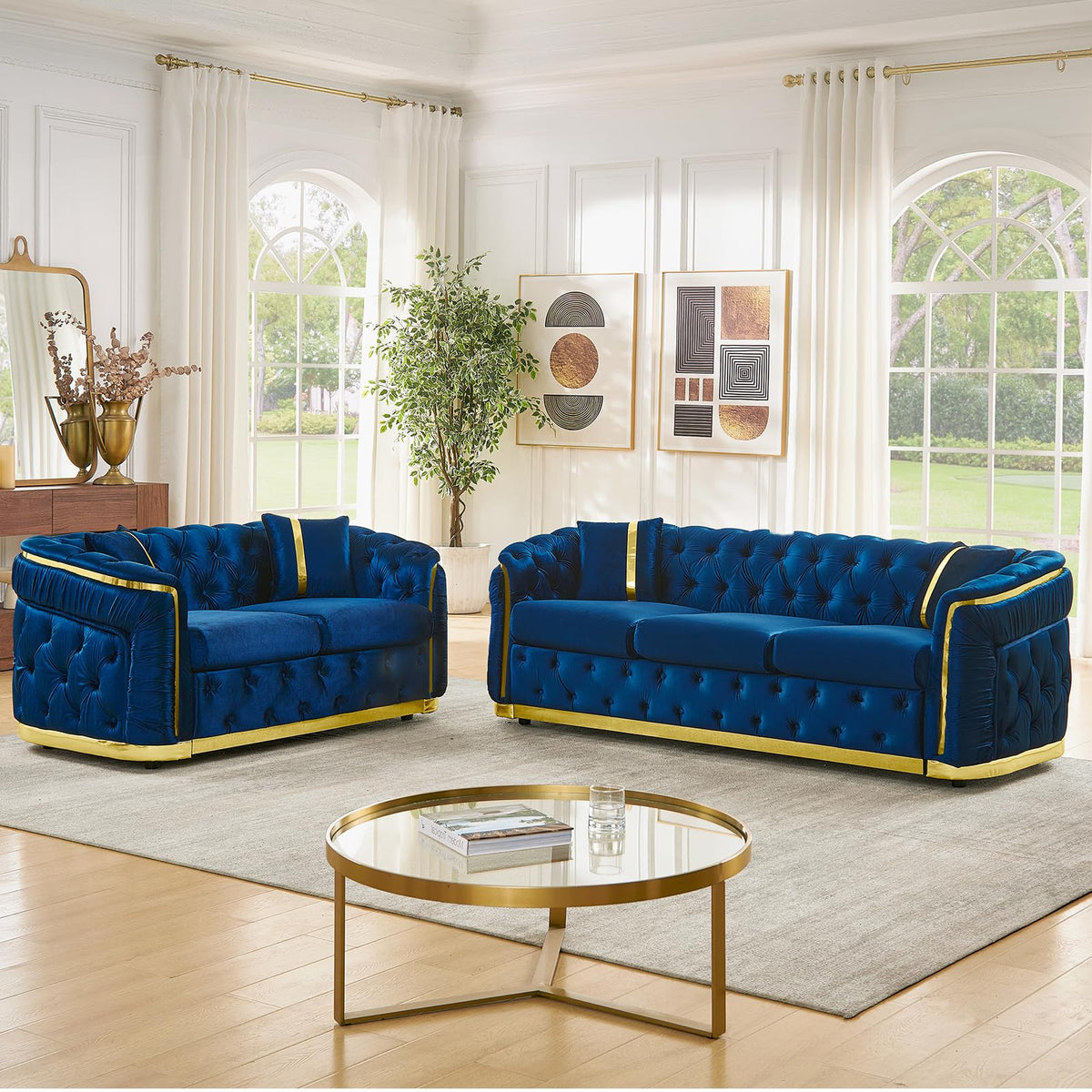 Navy Blue and Gold Velvet Sofa and Loveseat Set with 4 Pillows O69869