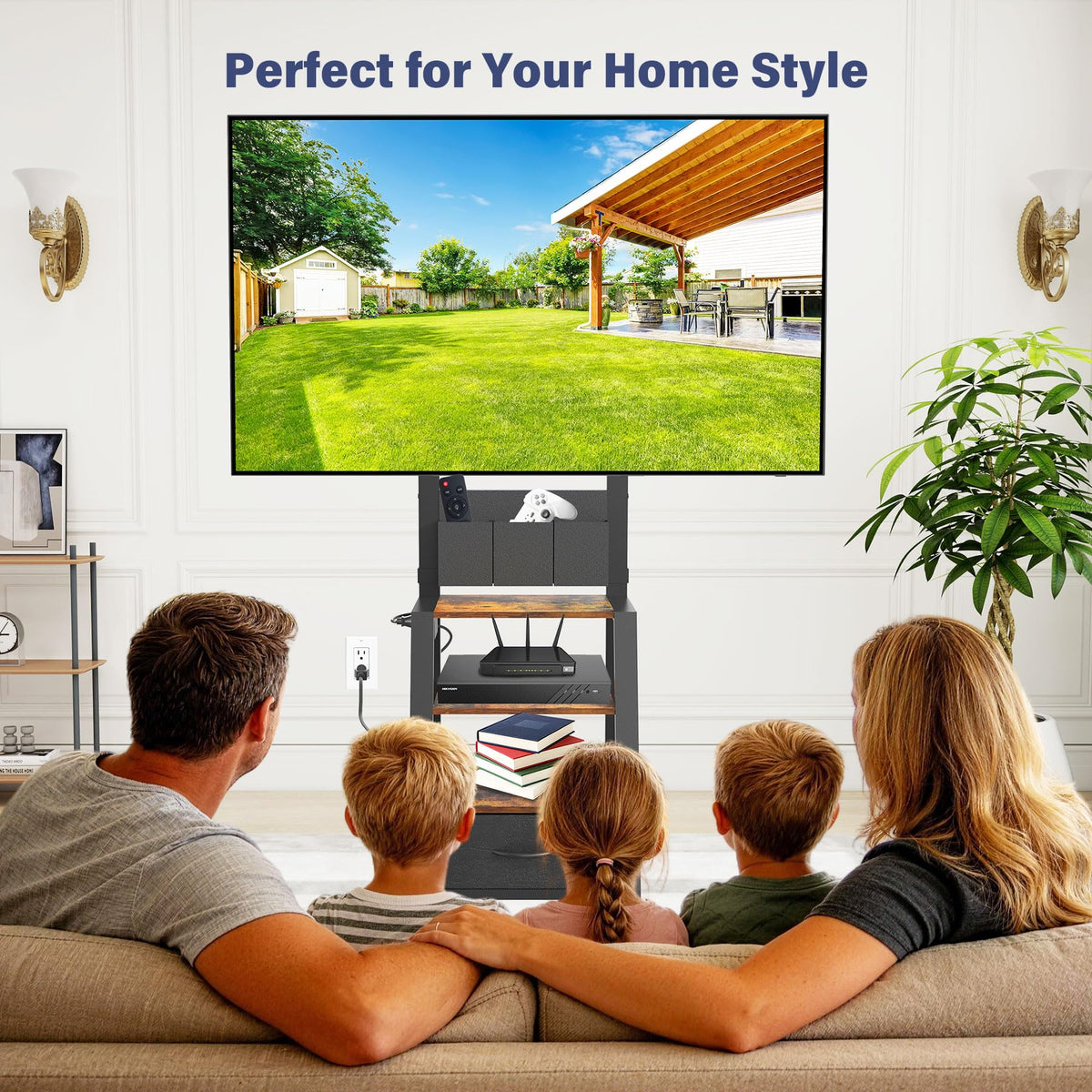 Rolling TV Stand with Power Outlet & 4-Tier Storage for 23-60 Inch Flat/Curved Screen V85031