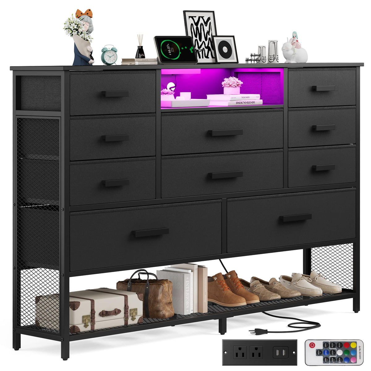 Black 10 Drawer Dresser with Charging Station and LED Light B92693