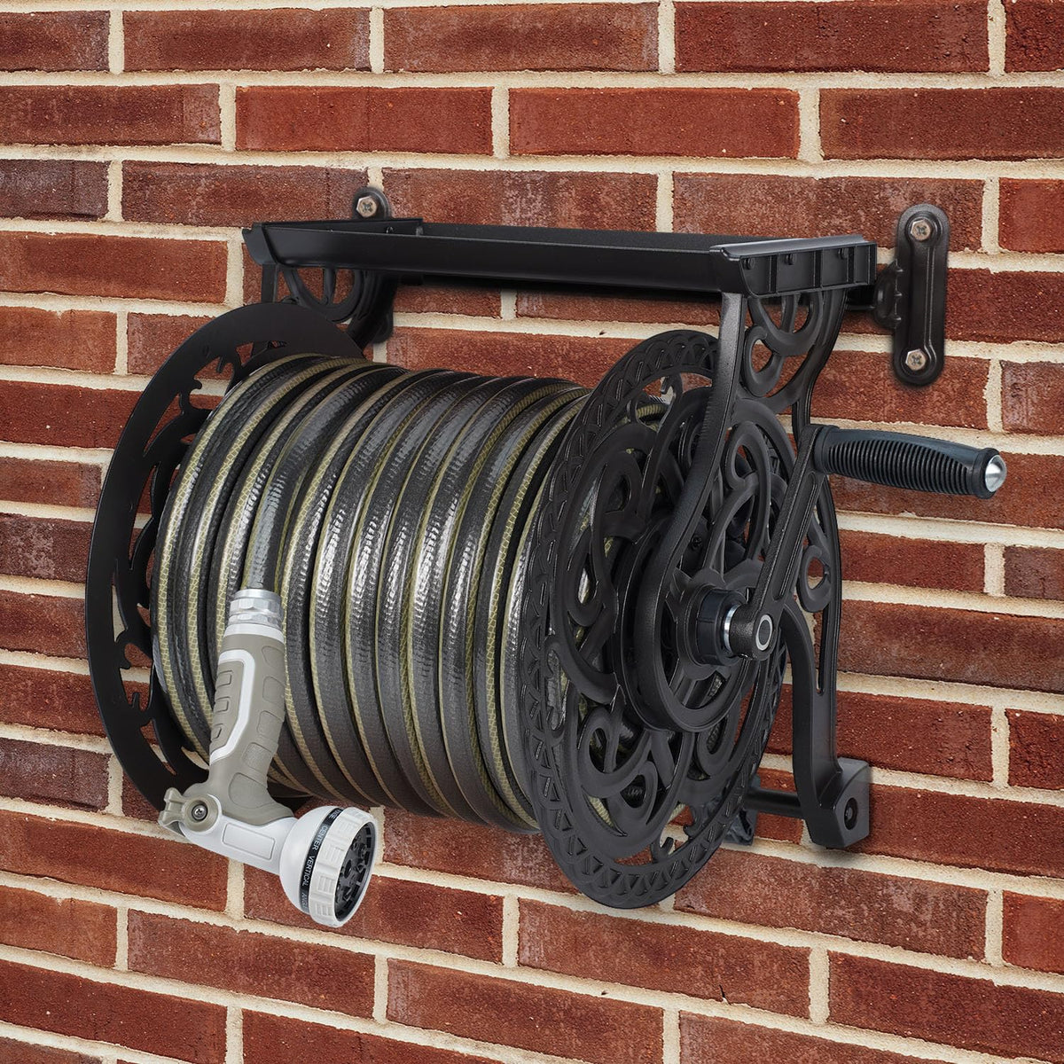 Metal Wall Mount Garden Hose Reel, Holds 125 ft x 5/8'' Hose, Dark Bronze E2344
