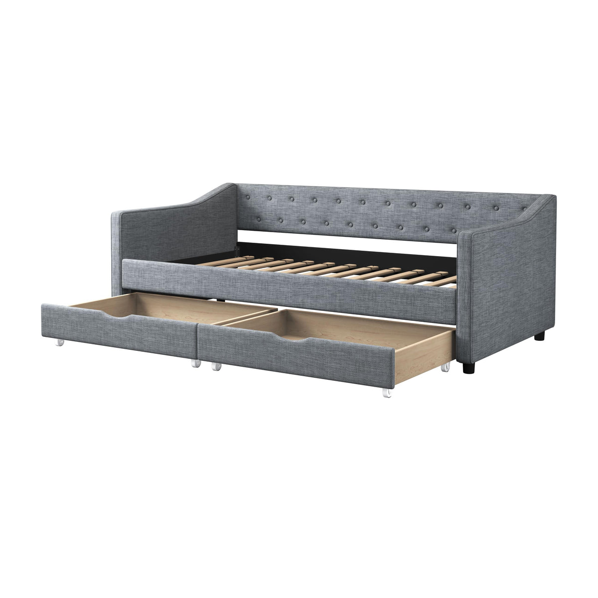 Twin Size Light Grey Linen Upholstered Wood Daybed with Two Drawers P849