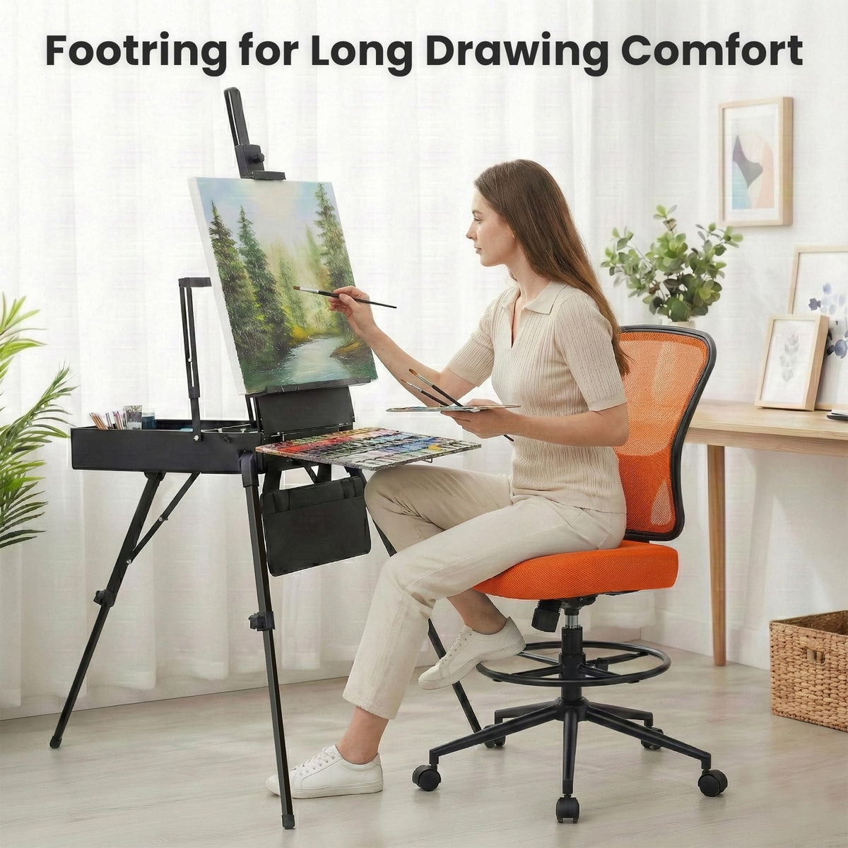 Armless Adjustable Height Mesh Drafting Chair with Foot Ring & Wheels S37941