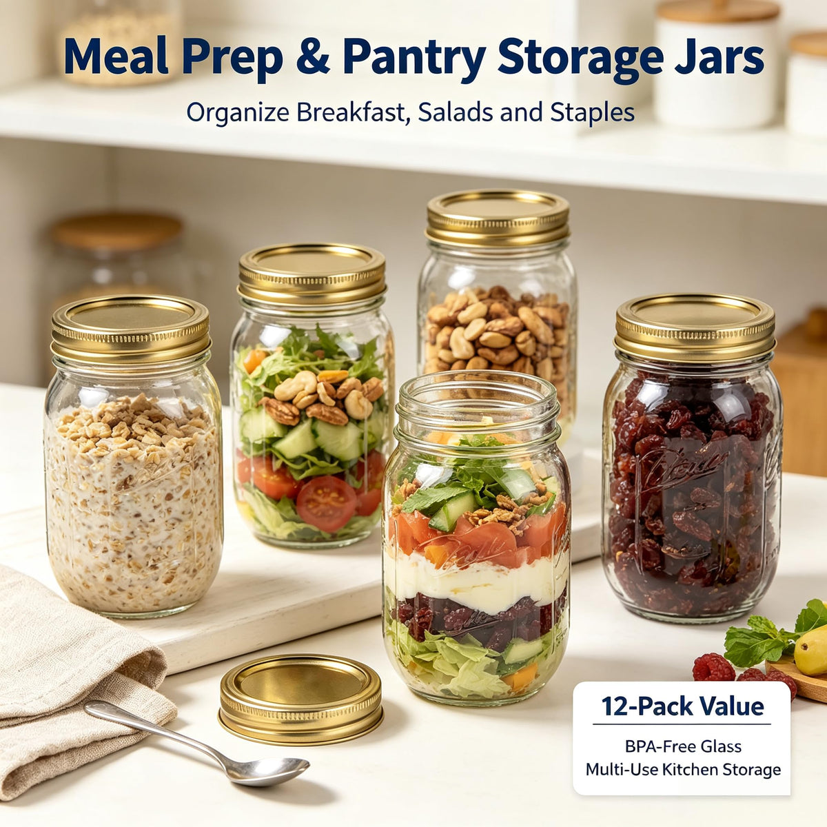 16 oz Regular Mouth Clear Glass Mason Jars 12-Pack with Airtight Lids and Bands M262844