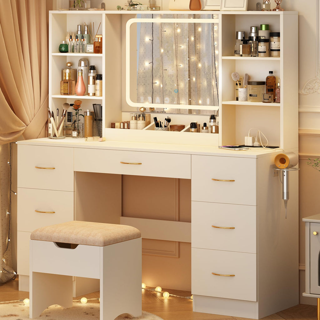 47" White Vanity Desk with Mirror and Lights L28127