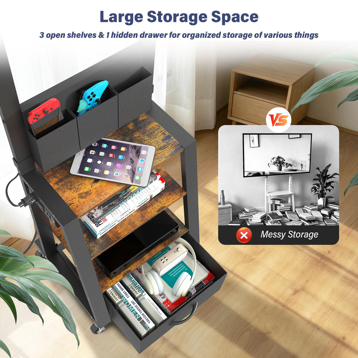 Rolling TV Stand with Power Outlet & 4-Tier Storage for 23-60 Inch Flat/Curved Screen V85031