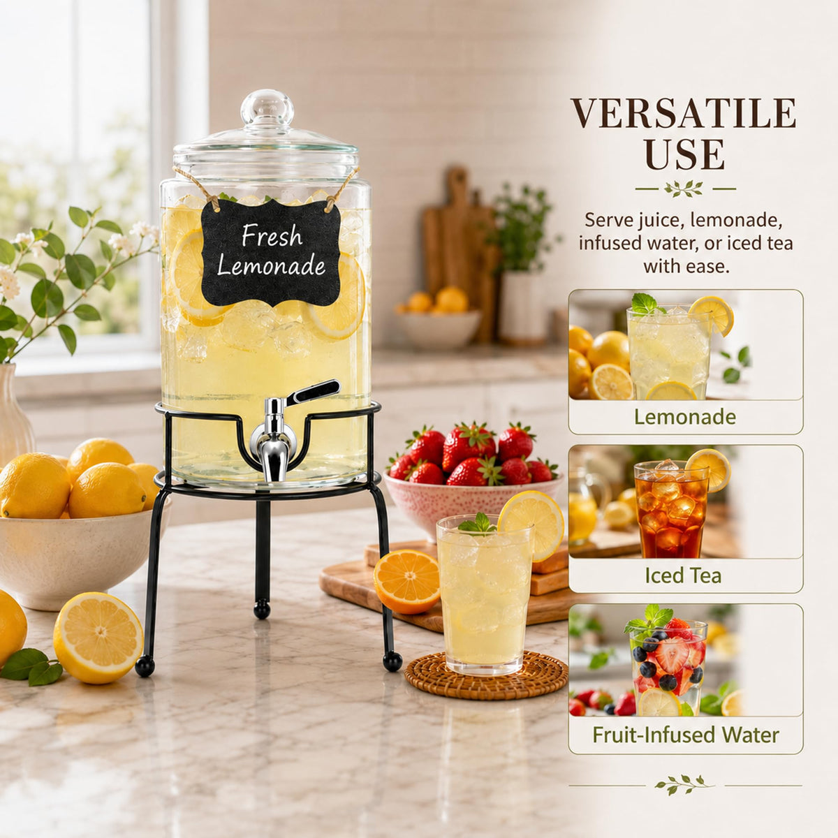 1 Gallon Clear Glass Beverage Dispenser with Stand J981418