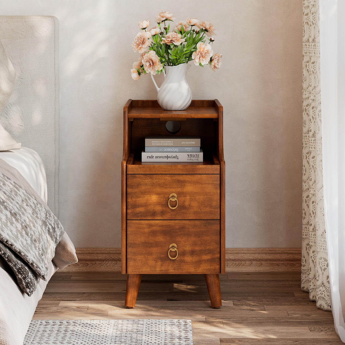 Solid Wood Narrow Nightstand with 2 Drawers I8471