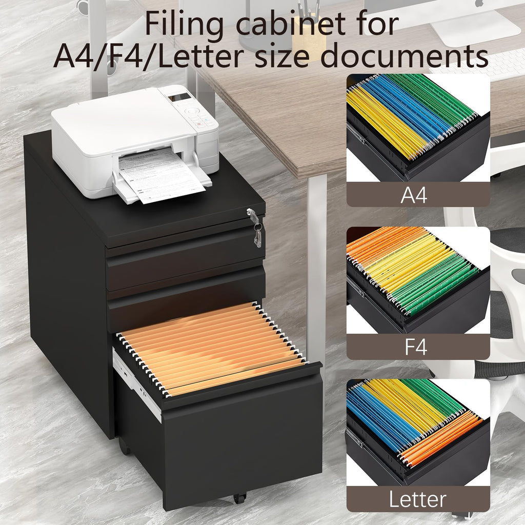 Black 3 Drawer Metal File Cabinet with Lock T3732