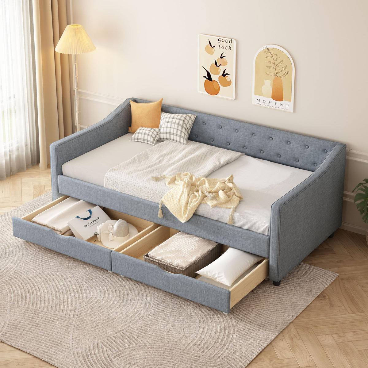 Twin Size Light Grey Linen Upholstered Wood Daybed with Two Drawers P849