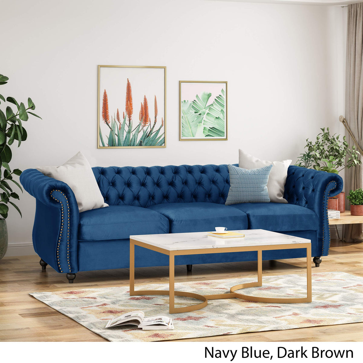 Navy Blue Velvet Sofa with Scroll Arms E8290