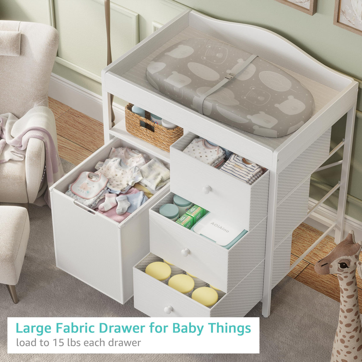 White Changing Table with 3 Fabric Drawers and Laundry Hamper Q681419