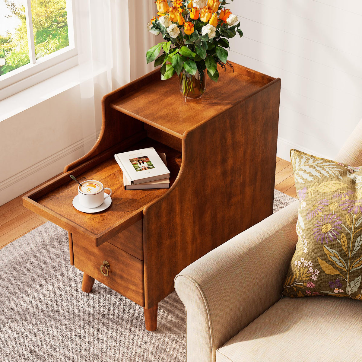 Solid Wood Narrow Nightstand with 2 Drawers I8471