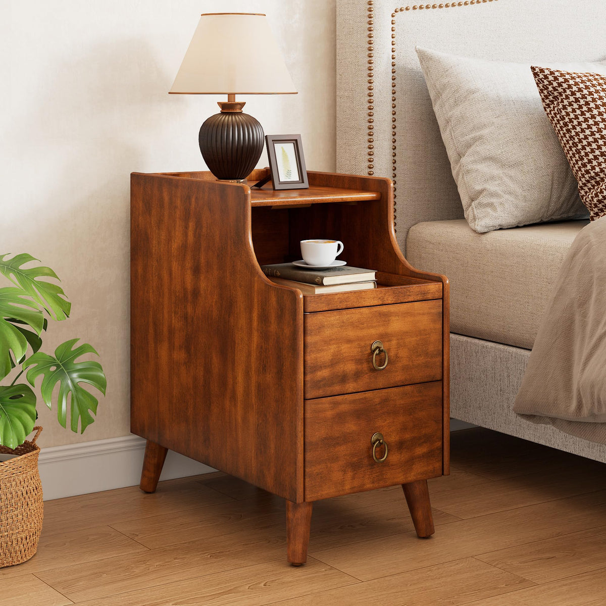Solid Wood Narrow Nightstand with 2 Drawers I8471