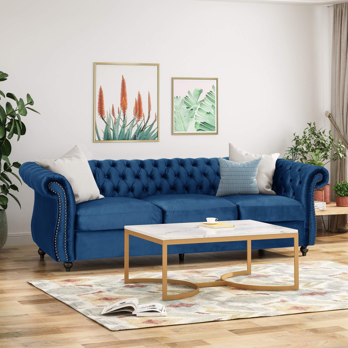 Navy Blue Velvet Sofa with Scroll Arms E8290